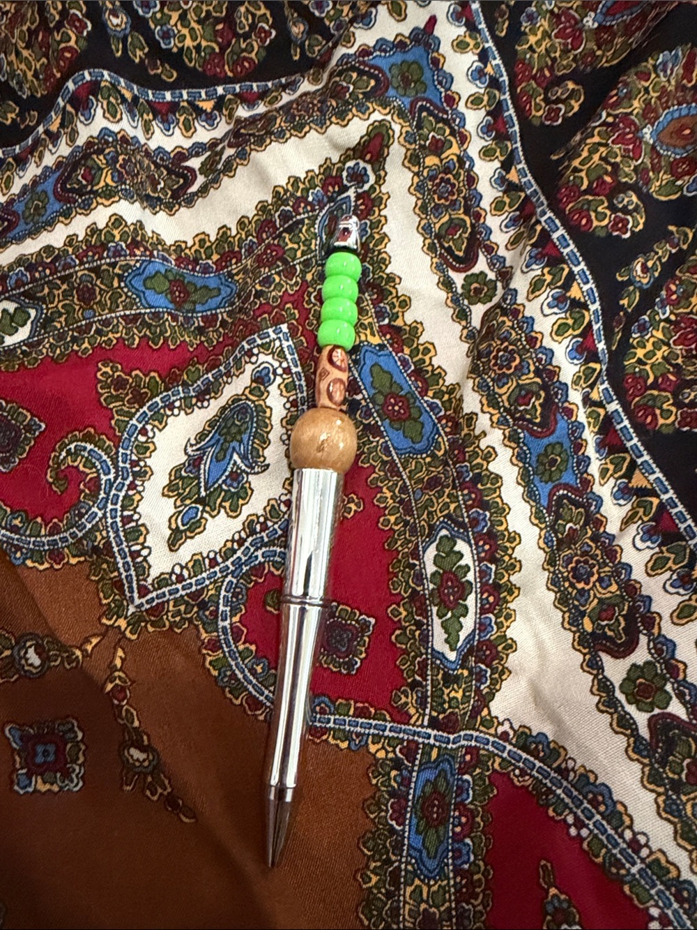 Beaded Metal Ballpoint Pen with Neon Green Accents